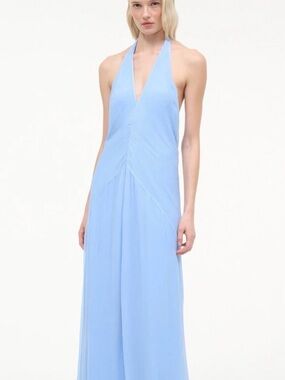 staud navy halter dress Staud Cadence Embellished Halterneck Satin Maxi Dress - Blue